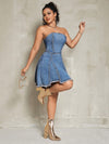 Summer Sizzle: Frayed Edge Strapless Denim Dress with Cinched Waist