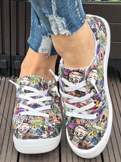 Spooky Chic: Halloween Colorful Skull Printed Cloth Loafers for Women