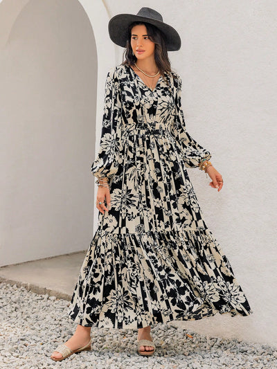 Chic Bohemian Floral Lantern Sleeve Dress for Effortless Holiday Style