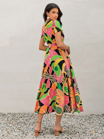 Colorful Floral Printed High-Waisted Slit Dress: The Perfect Spring Look