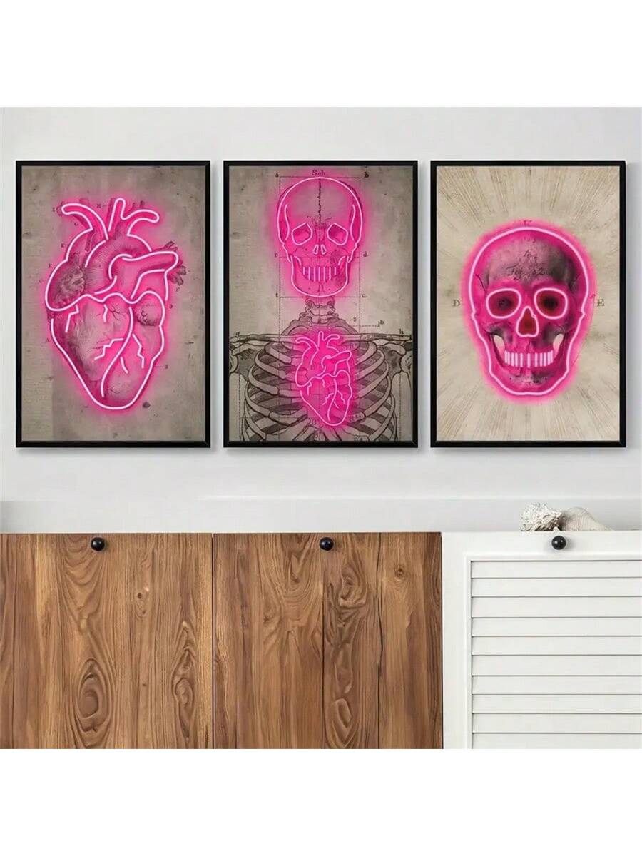 Enhance your space with this stunning Pink Neon Skull Heart Shaped Canvas Wall Art set. The 3-piece abstract decor set brings a bold and edgy vibe to any room, providing a unique and eye-catching touch. Crafted with high-quality materials, this set is durable and long-lasting.