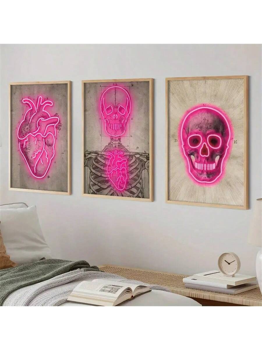 Enhance your space with this stunning Pink Neon Skull Heart Shaped Canvas Wall Art set. The 3-piece abstract decor set brings a bold and edgy vibe to any room, providing a unique and eye-catching touch. Crafted with high-quality materials, this set is durable and long-lasting.