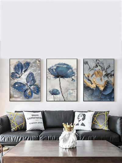 Modern Flutter: Butterfly and Flower Oil Paintings Set - Wall Art Trio (No Frame)