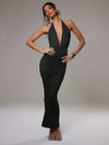 Midnight Muse: Ruched Maxi Dress with Extreme Plunge