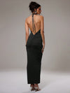 Midnight Muse: Ruched Maxi Dress with Extreme Plunge