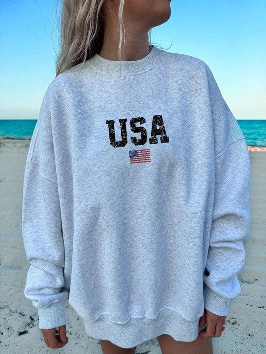 Celebrate Independence Day in style with our Patriotic American Flag Sweatshirt for Women! Made with a soft and comfortable fabric, this sweatshirt features a bold American flag design perfect for showing your patriotic spirit. Stay cozy and on-trend while honoring our great nation.