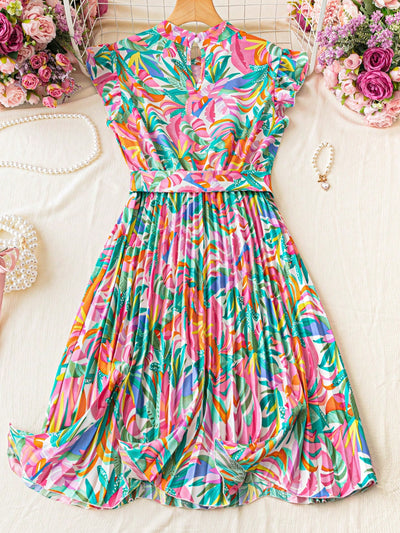 Floral Fantasy: Flower Printed Mini Vacation Dress with Cinched Waist