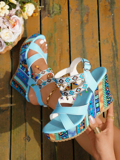 Summer 2024 Bohemian Wedge Sandals: Peep Toe, Beaded Strap, Tassel Design