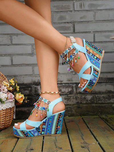 Summer 2024 Bohemian Wedge Sandals: Peep Toe, Beaded Strap, Tassel Design