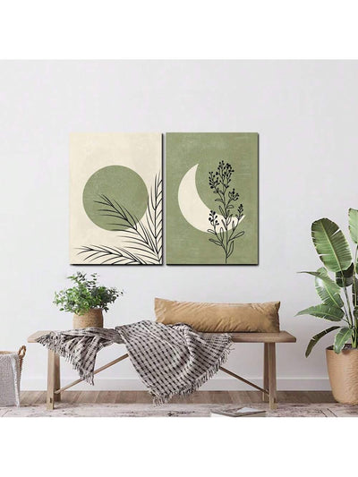 Retro Green Moon and Leaf Art Poster Canvas Print Set - Modern Neutral Wall Art for Home Decor