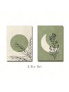 Retro Green Moon and Leaf Art Poster Canvas Print Set - Modern Neutral Wall Art for Home Decor