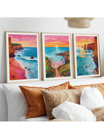 Experience the beauty of the horizon with our Horizon Sunrise Travel Scenery Art. This 3 piece set features colorful ocean illustrations that will transport you to a tranquil seaside atmosphere. Perfect for adding a touch of serenity to any room.