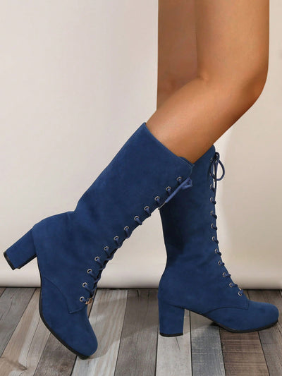 Chic Comfort: Blue Velvet Lace-Up Chunky Mid-Heel Booties with Gold Accents