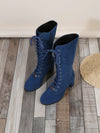 Chic Comfort: Blue Velvet Lace-Up Chunky Mid-Heel Booties with Gold Accents