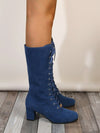 Chic Comfort: Blue Velvet Lace-Up Chunky Mid-Heel Booties with Gold Accents