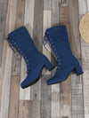 Chic Comfort: Blue Velvet Lace-Up Chunky Mid-Heel Booties with Gold Accents