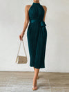 Elegant Pleated Waist Belt Dress with Halter Neck - Perfect for Any Occasion