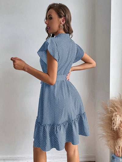 Polka Dot Perfection: Elegant Summer Dress with Ruffled Hem and Waist Belt