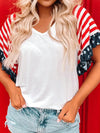 Embrace your patriotic spirit with our Summer Patriotic Style USA Flag Printed V-Neck Raglan Sleeve Casual Tee. The unique design features a bold American flag print, combined with a flattering v-neck and comfortable raglan sleeves. Perfect for casual outings and Fourth of July celebrations.