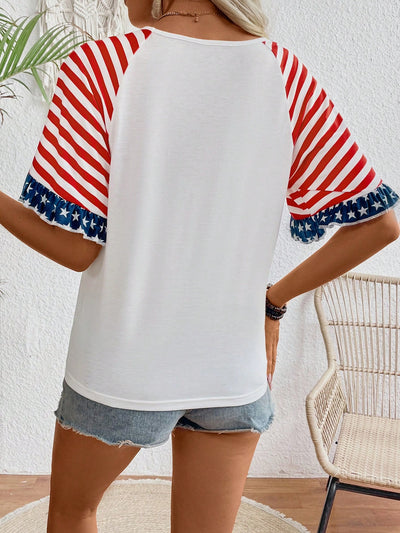 Summer Patriotic Style: USA Flag Printed V-Neck Raglan Sleeve Casual Tee