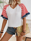 Summer Patriotic Style: USA Flag Printed V-Neck Raglan Sleeve Casual Tee