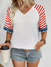 Summer Patriotic Style: USA Flag Printed V-Neck Raglan Sleeve Casual Tee