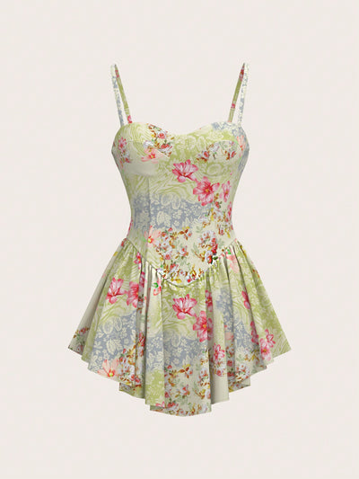 Chic Floral Summer Cami Dress with Slim Straps and Arc Hemline