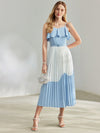 Chic and Elegant: Two-Tone Ruffle Trim Slip Dress with Buckle Belt