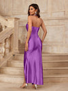 Pleated Perfection: Solid Color Halter Neck Dress with Side Slit