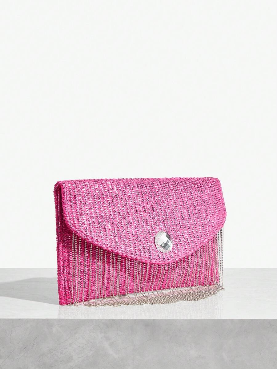Back view of chic metallic coated straw woven clutch bag with chain and tassel - ideal for summer vacations with metallic finish, woven straw texture, woven texture for vacation styling