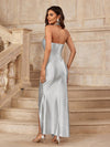 Pleated Perfection: Solid Color Halter Neck Dress with Side Slit