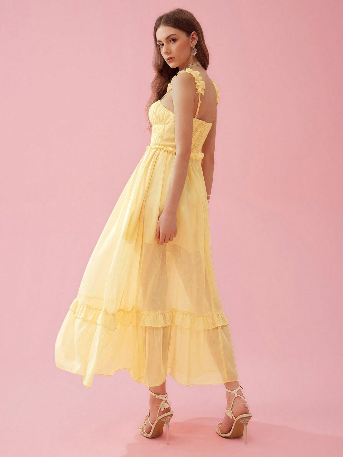 Turn heads this summer in our Chic Elegance dress! Featuring a sleek spaghetti strap design with a mesh contrast, this dress is perfect for any occasion. Stay cool and stylish while making a statement. (Dress only, accessories not included)