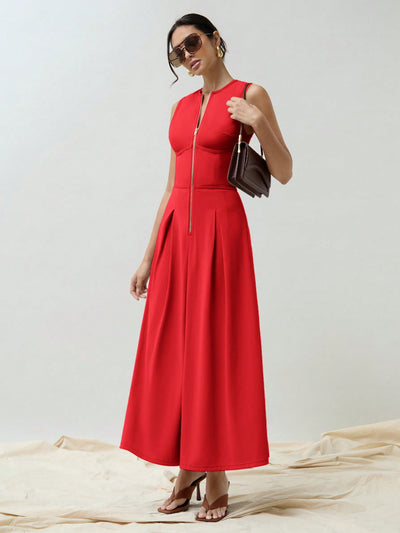 Chic Sleeveless Solid Color Long Dress with Gold Zipper Waist Detail