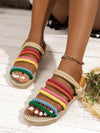 Multicolor Rainbow Flat Summer Sandals: Stylish Mule Style with Weaved Bottom for Comfort and Easy Slip-On Wrap Toe