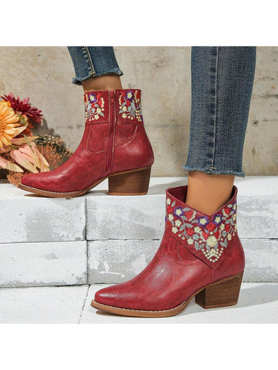 Blooming Style: Women’s Colorful Floral Wedge Heel Short Boots with Side Zipper