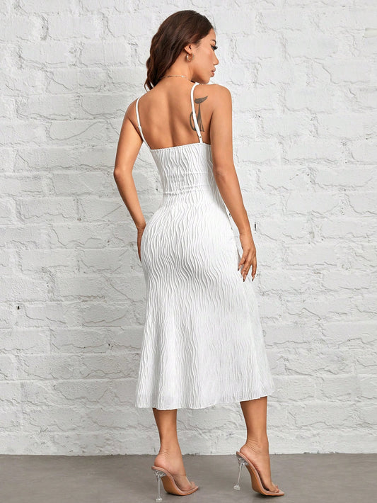 Chic White Fuzzy Textured Long Cami Dress - Perfect for Petites