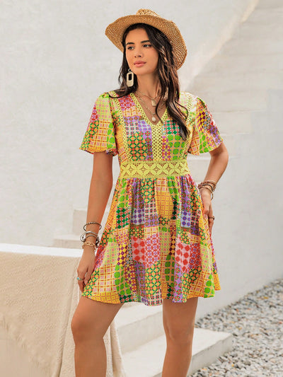 Holiday Patchwork Short Dress - Casual Chic for Any Occasion