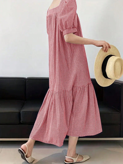 Chic Short Sleeve Plaid Dress with Square Collar for Effortless Style