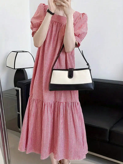 Chic Short Sleeve Plaid Dress with Square Collar for Effortless Style