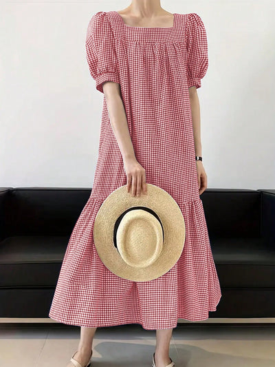 Chic Short Sleeve Plaid Dress with Square Collar for Effortless Style