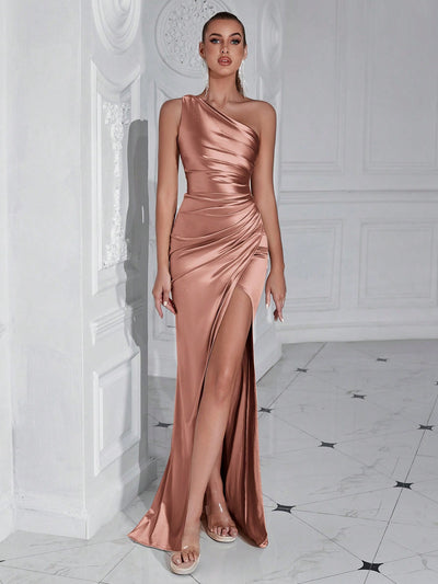 Sophisticated Glamour: Shoulder Pleated High Slit Cocktail Party Prom Dress