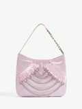 Back view of chic y2k retro metallic chain satin hobo bag for stylish parties and date nights with chain detail, metallic finish, satin material for Y2K fashion