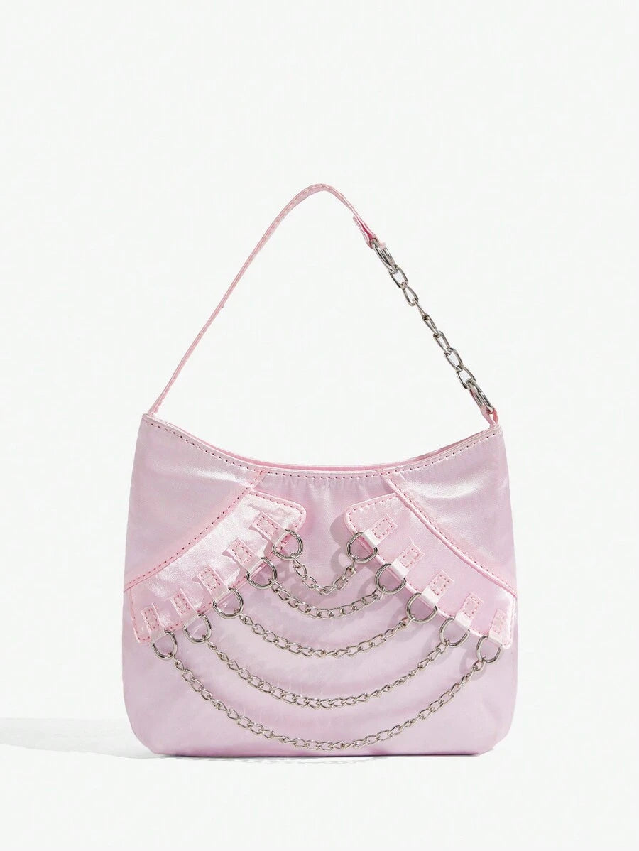 Back view of chic y2k retro metallic chain satin hobo bag for stylish parties and date nights with chain detail, metallic finish, satin material for Y2K fashion
