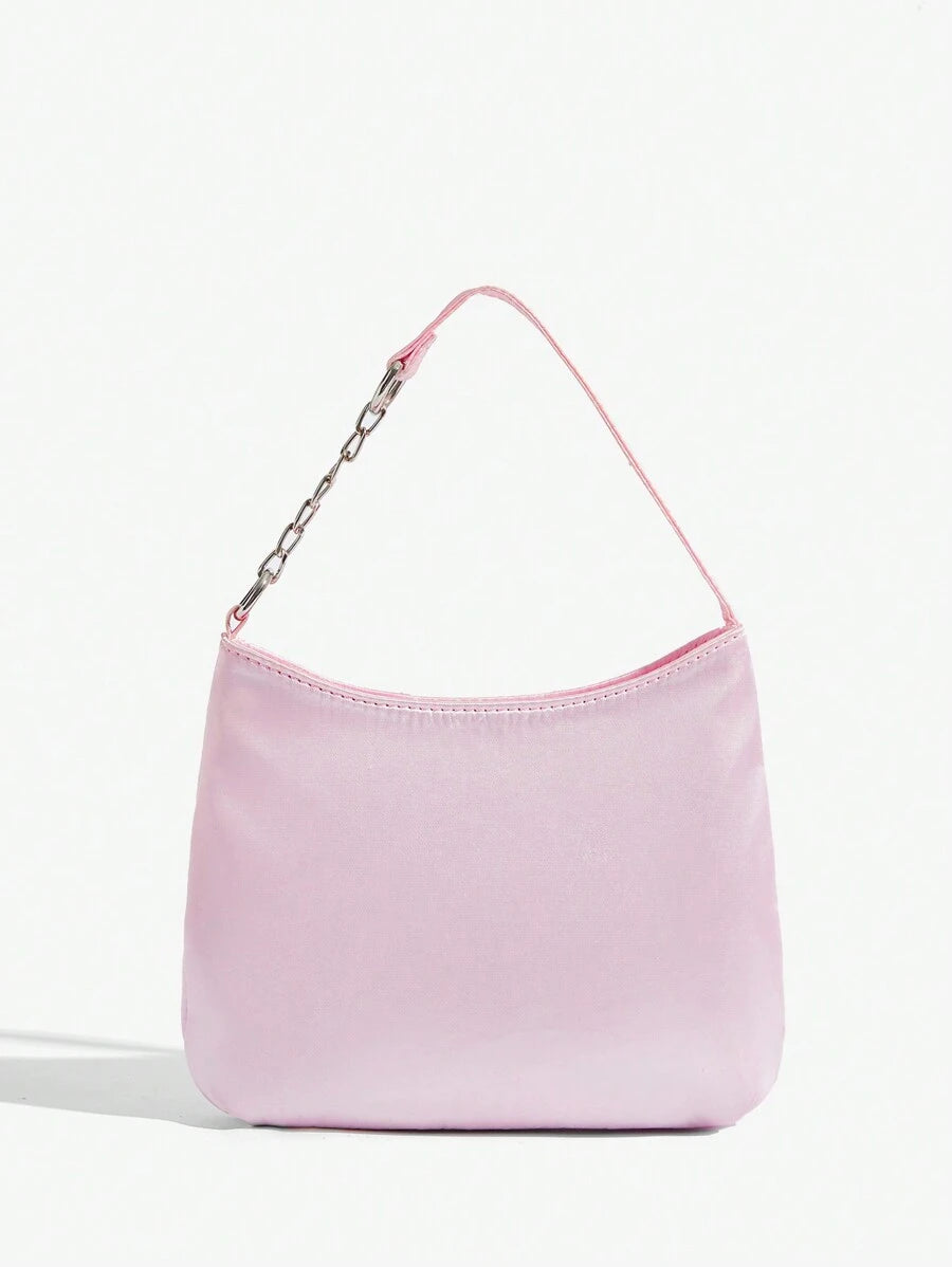 Close-up view of chic y2k retro metallic chain satin hobo bag for stylish parties and date nights with chain detail, metallic finish, satin material for Y2K fashion