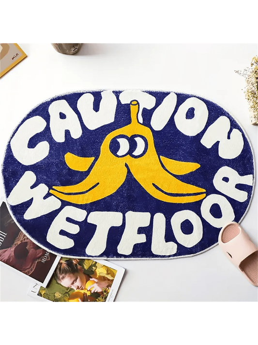 Banana-shaped Non-Slip Bathroom Mat: Soft Plush Absorbent Carpet with Caution Wet Floor Design