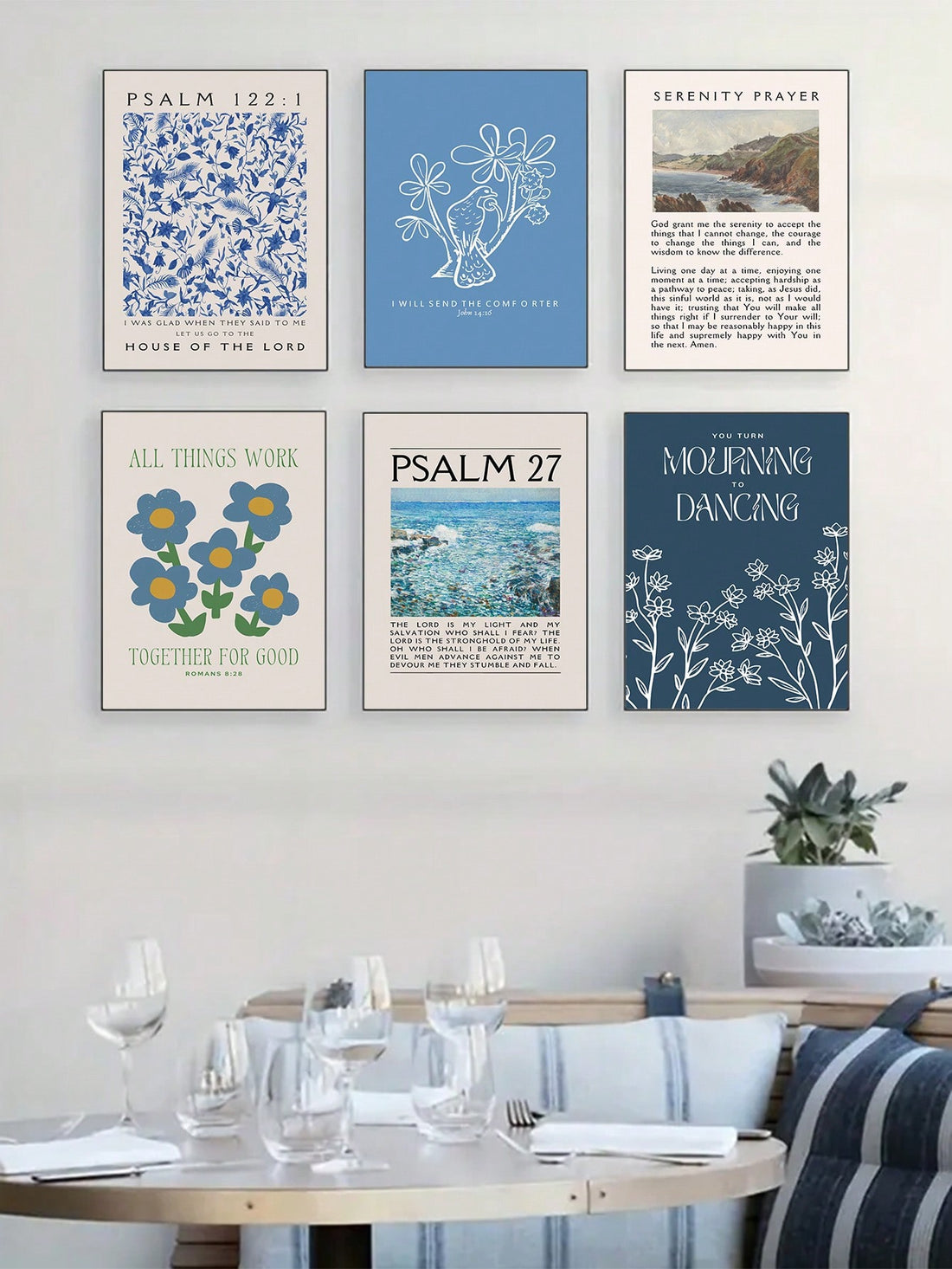 Bring a splash of timeless inspiration to your home with this 6-piece set of Vintage Blue Bible Verse Wall Art Prints. Each print features beautifully crafted scripture passages in charming vintage style, perfect for sparking joy and reflection in any room. Let these uplifting verses add a playful yet meaningful touch to your decor, creating a space filled with faith and warmth.
