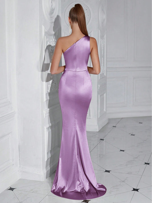 Sophisticated Glamour: Shoulder Pleated High Slit Cocktail Party Prom Dress