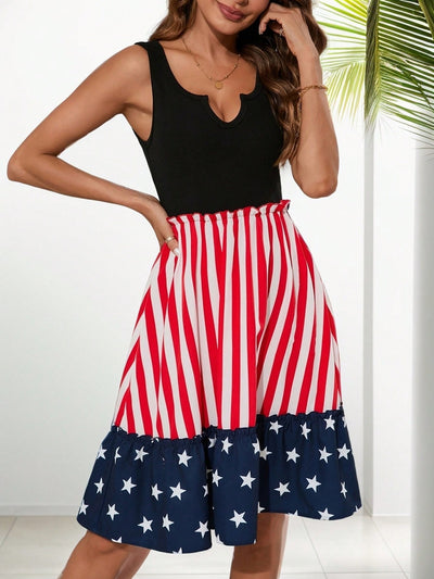 Independence Day Chic: Clasi Patchwork Flag Print Ruffle Pleated Women's Dress