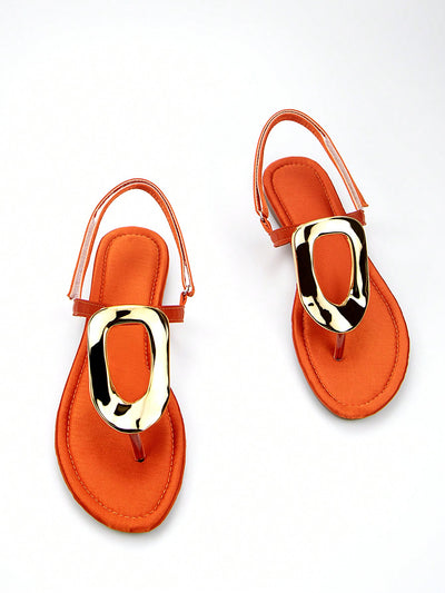 Elevate your style with our Chic Orange Sardine Fabric Flat Sandals. Crafted with a gold metal buckle, these sandals add a touch of elegance to any outfit. The comfortable design and durable sardine fabric make them the perfect choice for both casual and formal occasions.