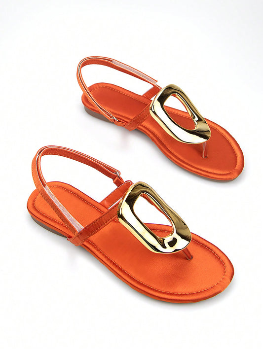 Chic Orange Sardine Fabric Flat Sandals with Gold Metal Buckle